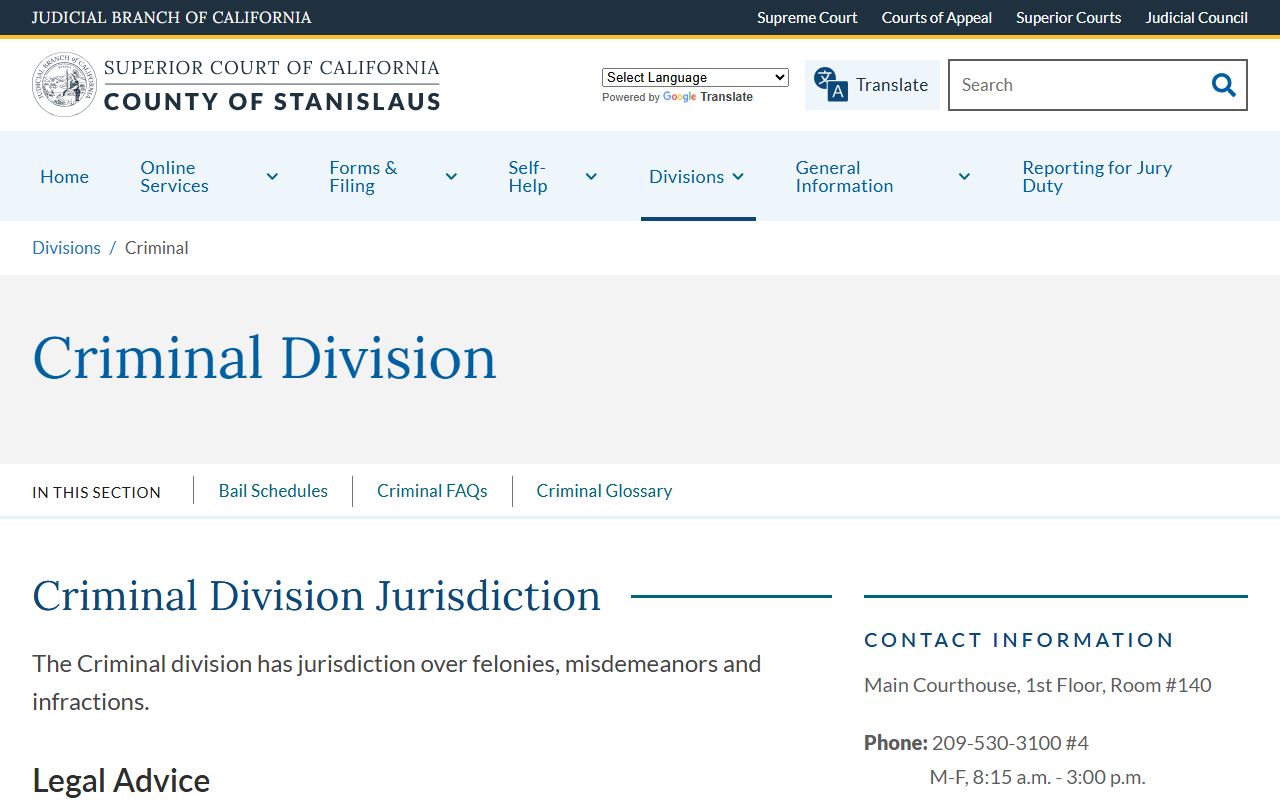 Stanislaus County Criminal Division court records after arrest contact page