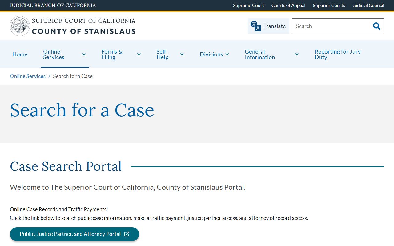 Stanislaus County court records after arrest case search page